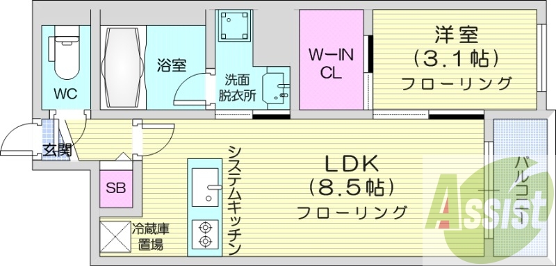 1LDK、都市ガス、エアコン、システムキッチン