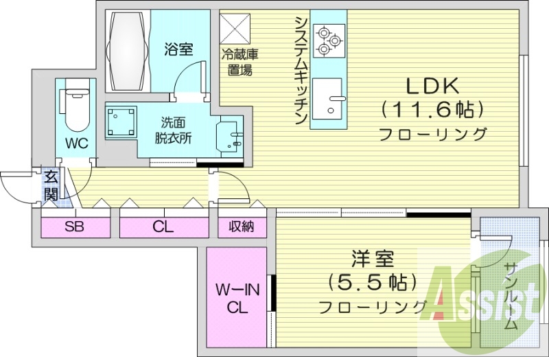 1LDK、都市ガス、エアコン、システムキッチン