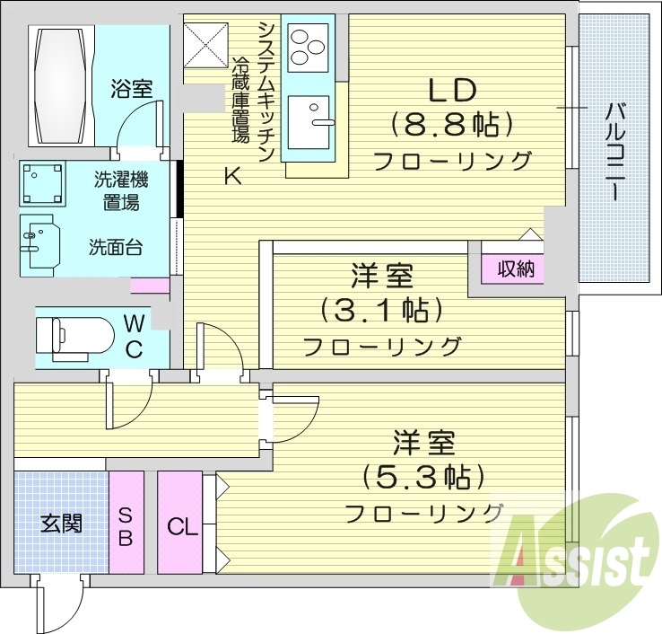 2LDK、都市ガス、エアコン、対面システムキッチン