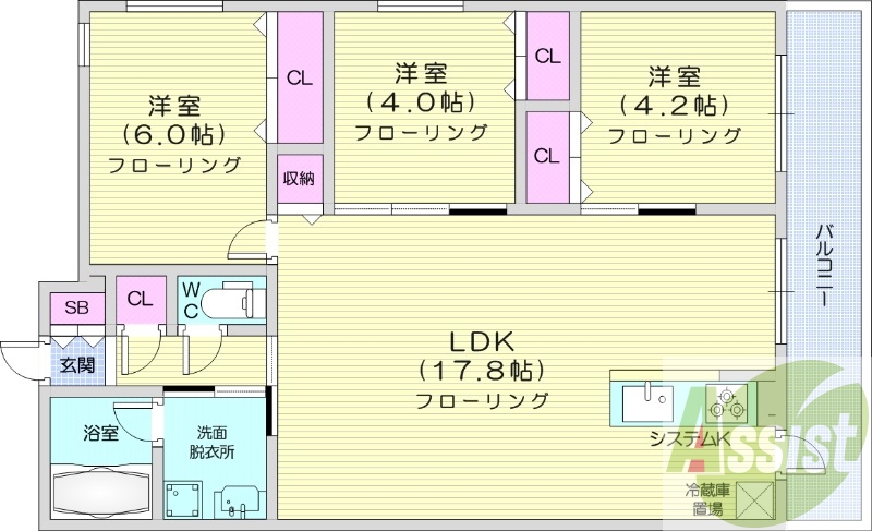3LDK、都市ガス、エアコン、ガス暖房、ネット無料