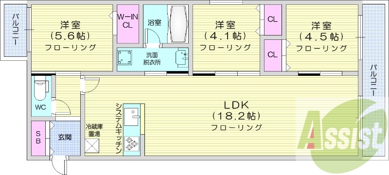 3LDK、都市ガス、エアコン、ガス暖房、ネット無料
