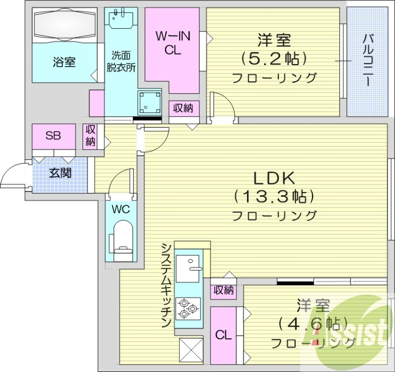 2LDK、都市ガス、エアコン、浴室乾燥機、システムキッチン