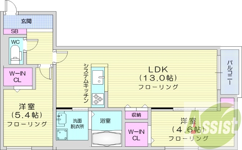 2LDK、都市ガス、エアコン、浴室乾燥機、システムキッチン