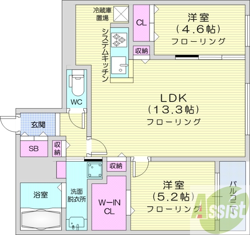 2LDK、都市ガス、エアコン、浴室乾燥機、システムキッチン