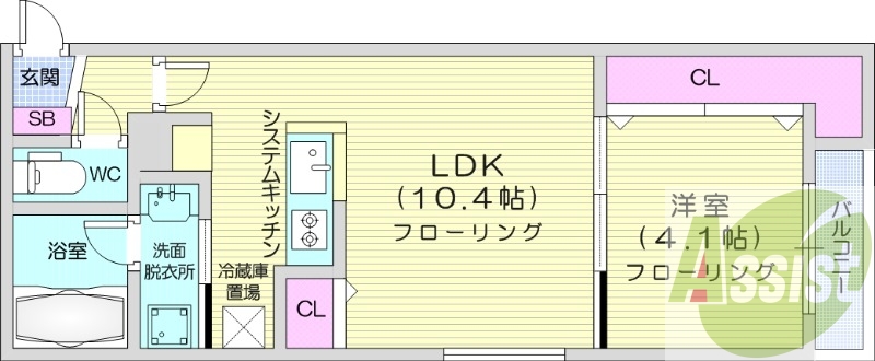 1LDK、都市ガス、エアコン、システムキッチン