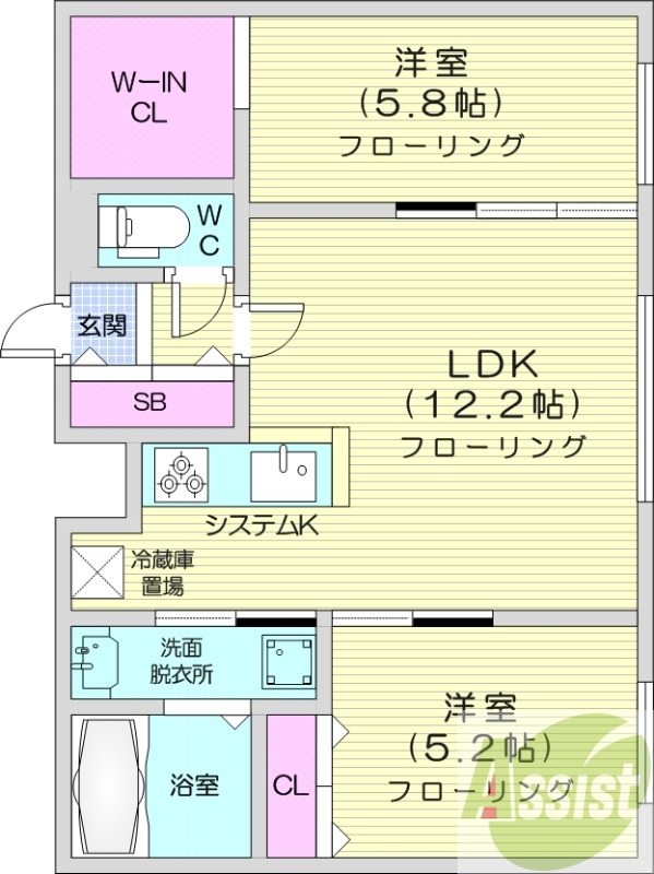2LDK、エアコン、追い焚き、システムキッチン
