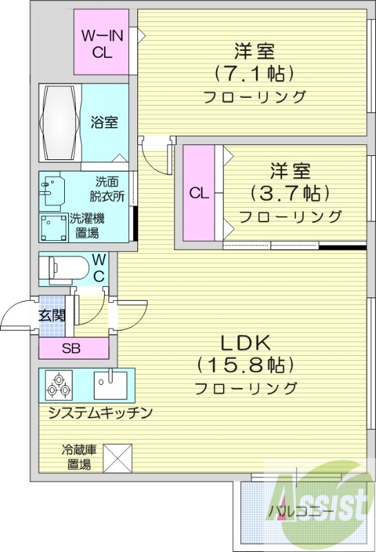 2LDK、都市ガス、エアコン、追い焚き、一坪バス