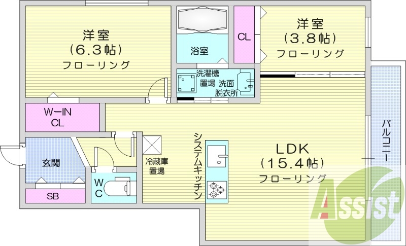 2LDK、都市ガス、エアコン、追い焚き、一坪バス