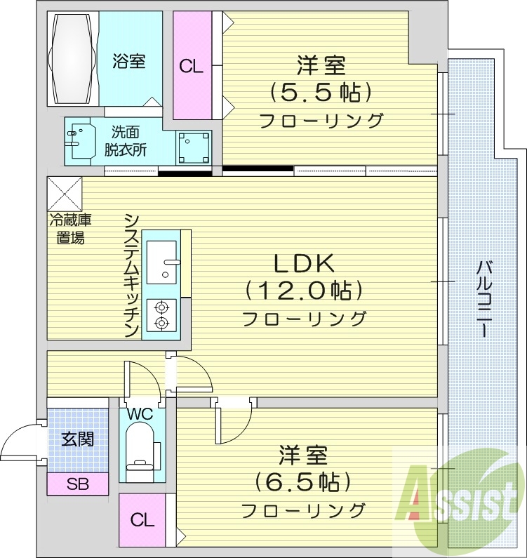 2LDK、オートロック、ネット無料、システムキッチン