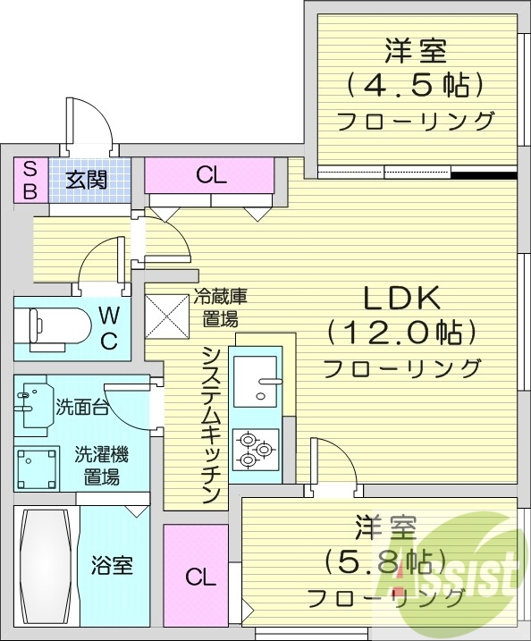 2LDK、エアコン、灯油暖房、システムキッチン、オートロック