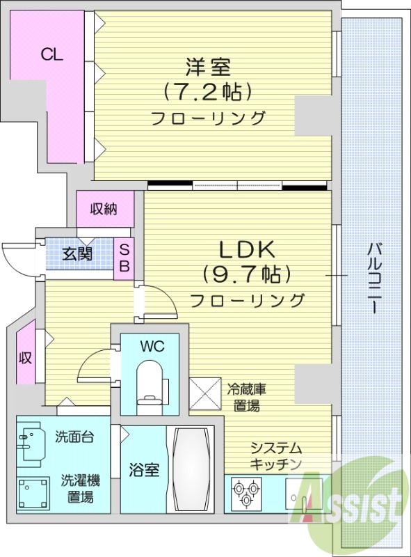 1LDK、エレベーター、都市ガス、システムキッチン、ガス暖房