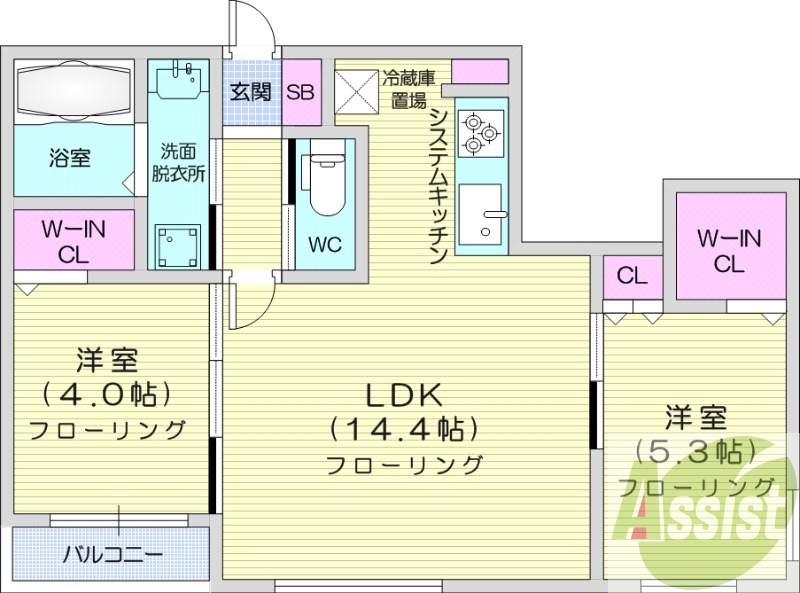 2LDK、都市ガス、エアコン、浴室乾燥機、追い焚き