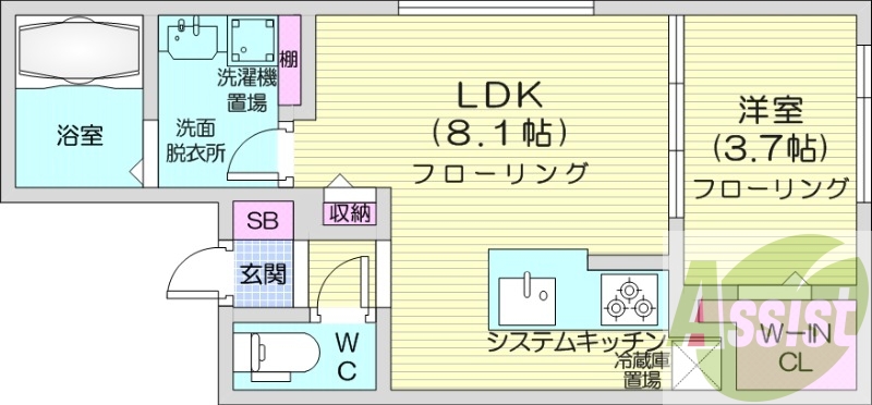 1LDK、都市ガス、エアコン、システムキッチン、ネット無料
