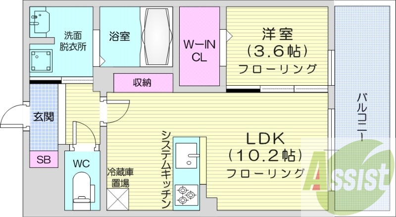 1LDK、エアコン、システムキッチン、独立洗面台