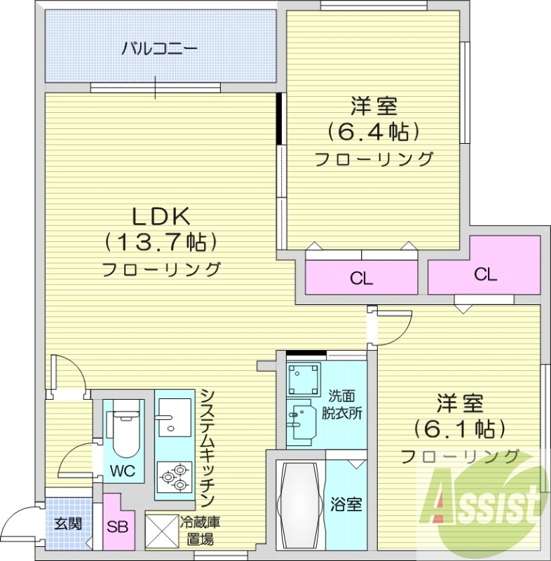 2LDK、エアコン、ガス暖房、ネット無料