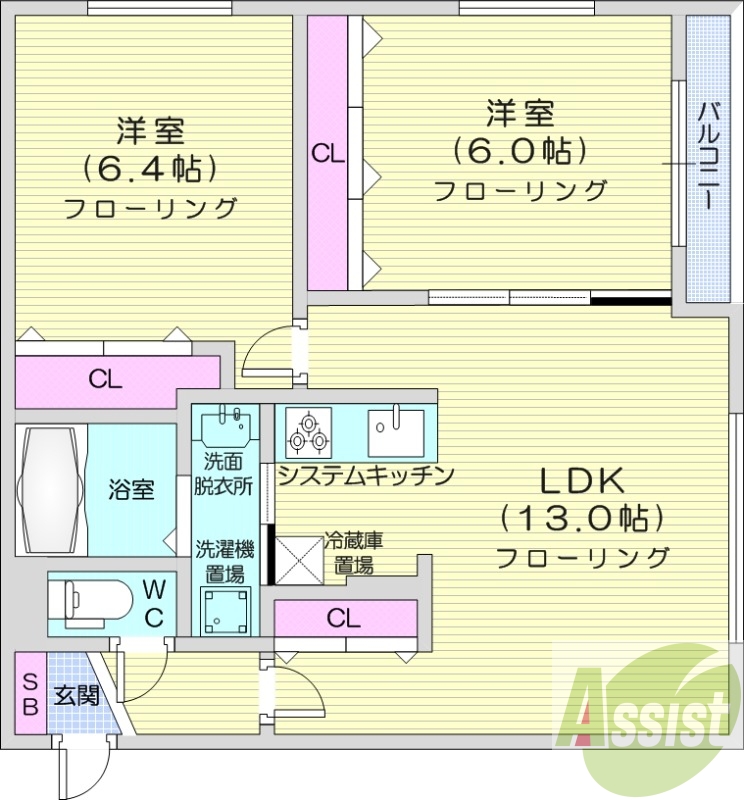 2LDK、エアコン、ガス暖房、ネット無料