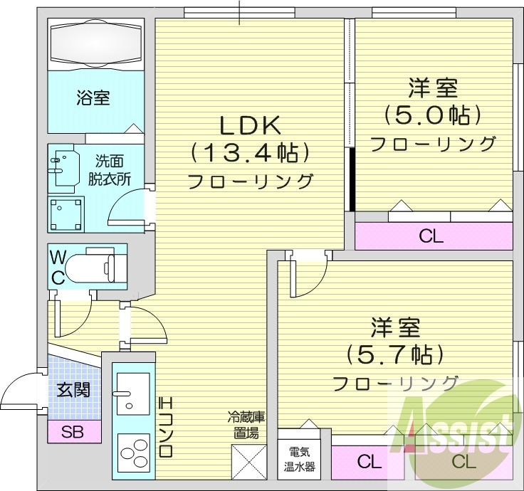 2LDK、オール電化、角部屋、ネット無料、トランクルーム