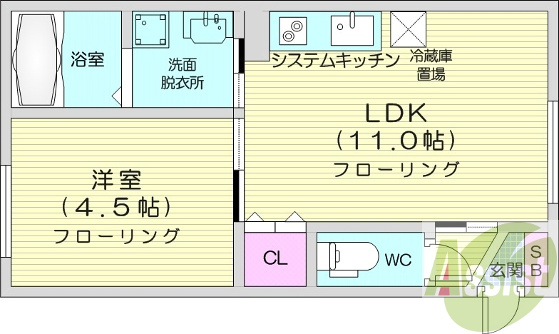 1LDK、灯油暖房、独立洗面台、ネット無料