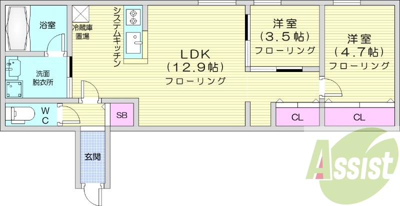 2LDK、都市ガス、エアコン、システムキッチン