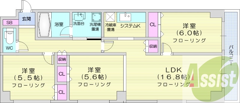 3LDK、オートロック、モニターホン、システムキッチン