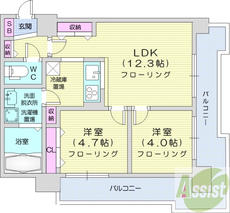 2LDK、収納、バストイレ別、洗面脱衣所