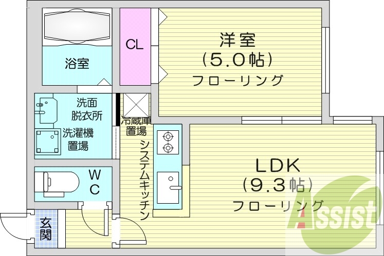 1LDK、エアコン、システムキッチン、暖房