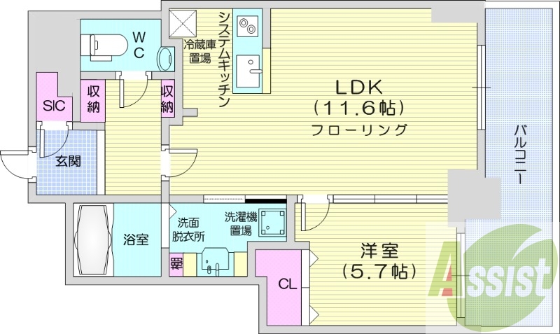 1LDK、都市ガス、追い焚き、浴室乾燥、システムキッチン
