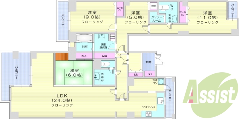4LDK、ワンフロア、都市ガス、システムキッチン