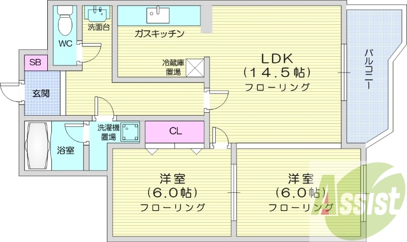 2LDK、オートロック、モニターホン、都市ガス