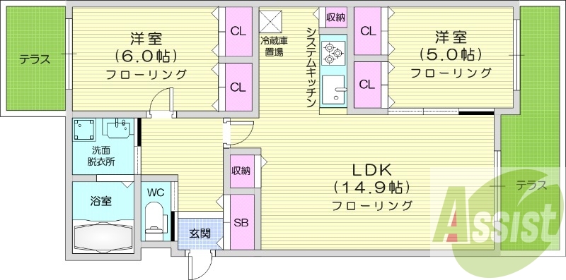 2LDK、都市ガス、エアコン、浴室乾燥機、追い焚き