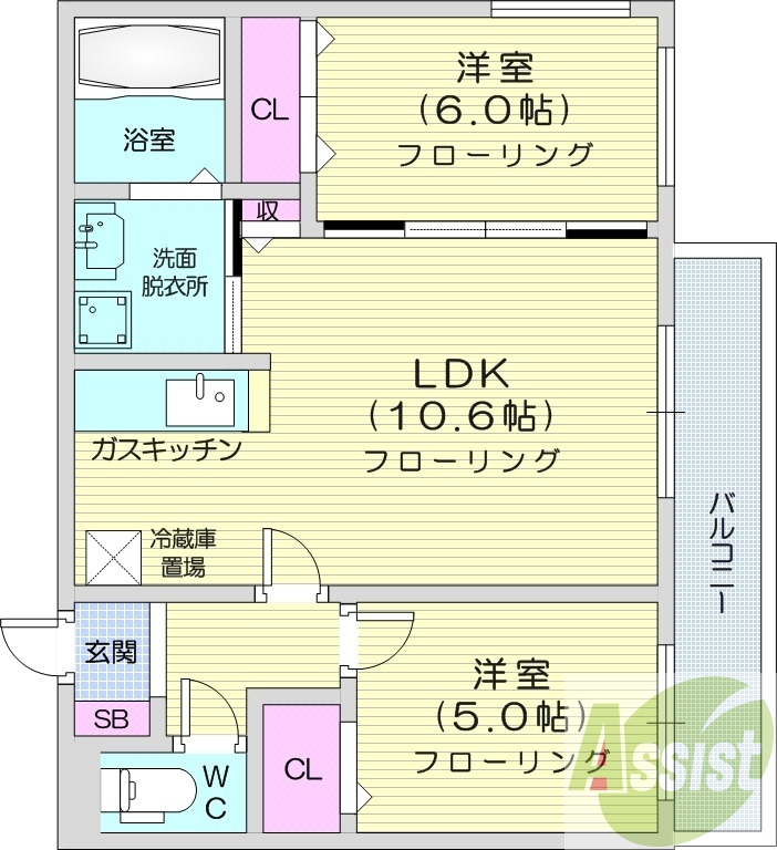 2LDK、エアコン、灯油暖房、バルコニー、宅配ボックス