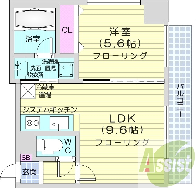 1LDK、エアコン、システムキッチン、シューズボックス