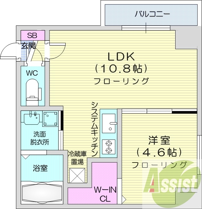 1LDK、都市ガス、エアコン、システムキッチン、浴室乾燥機