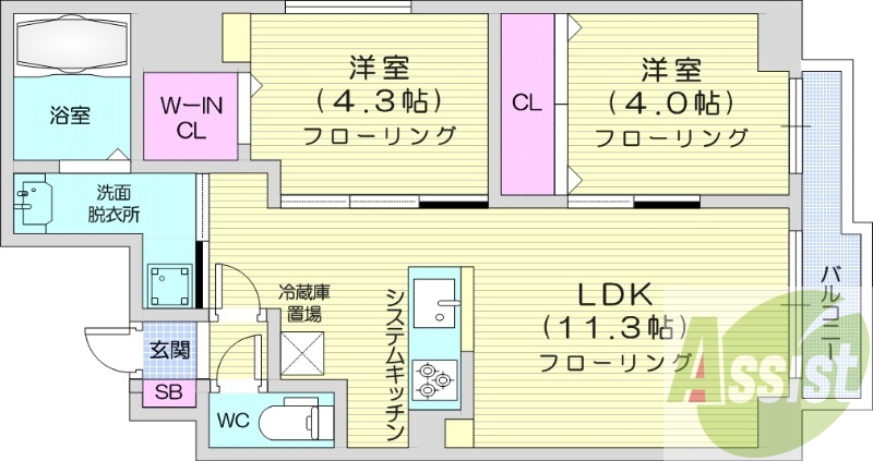 2LDK、都市ガス、エアコン、システムキッチン、浴室乾燥機