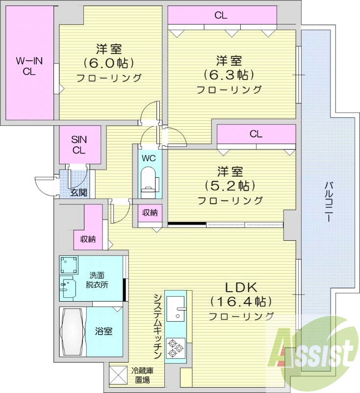 3LDK、都市ガス、エアコン、システムキッチン、浴室乾燥機