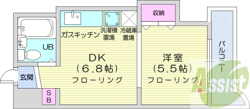1DK、オートロック、シューズボックス、クッションフロア