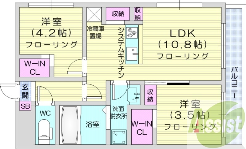 2LDK、エアコン、ガス定額制、システムキッチン