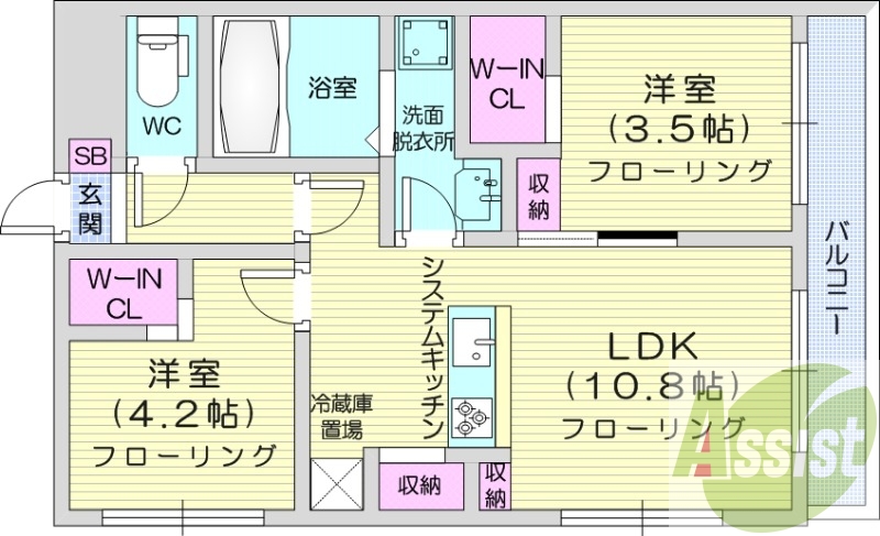 2LDK、エアコン、ガス定額制、システムキッチン