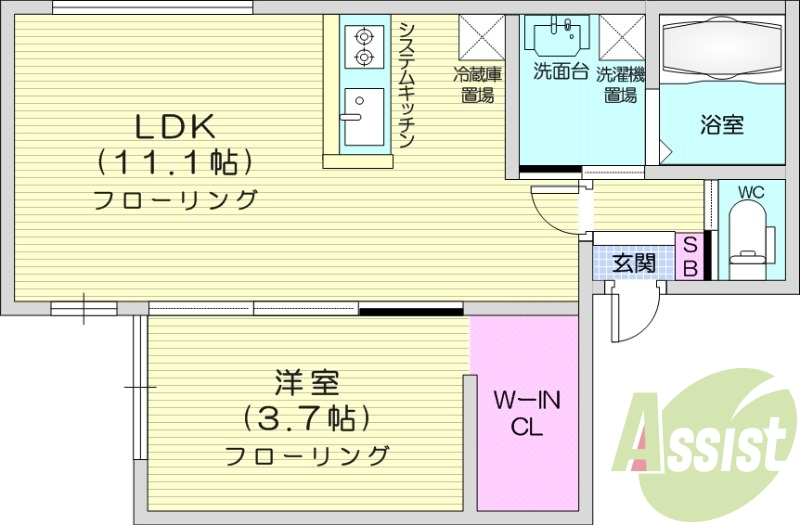 1LDK、エアコン、ガス定額制、システムキッチン