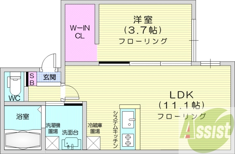 1LDK、エアコン、ガス定額制、システムキッチン