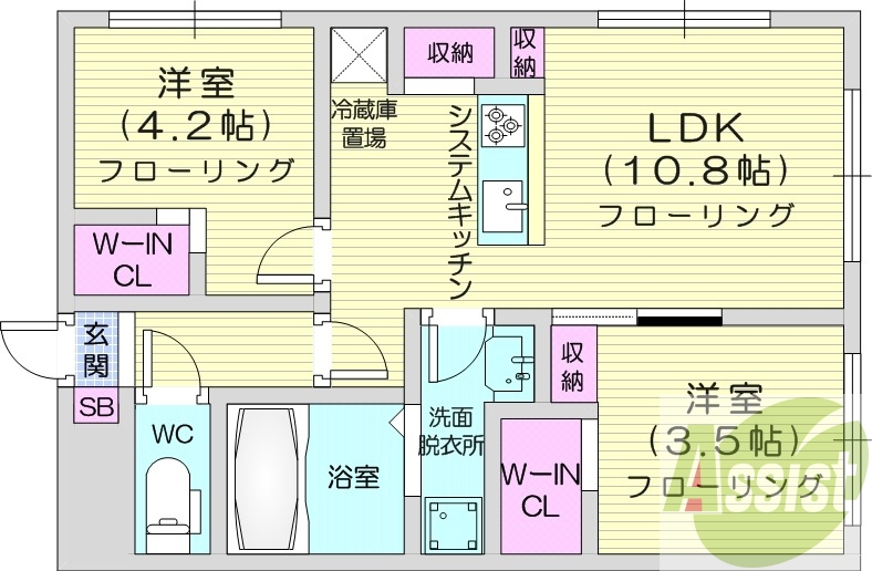 2LDK、エアコン、ガス定額制、システムキッチン