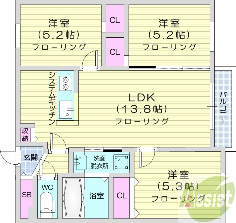 3LDK、エアコン、システムキッチン、オートロック