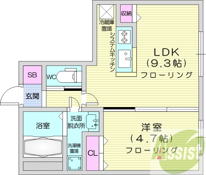 1LDK、システムキッチン、エアコン、角部屋