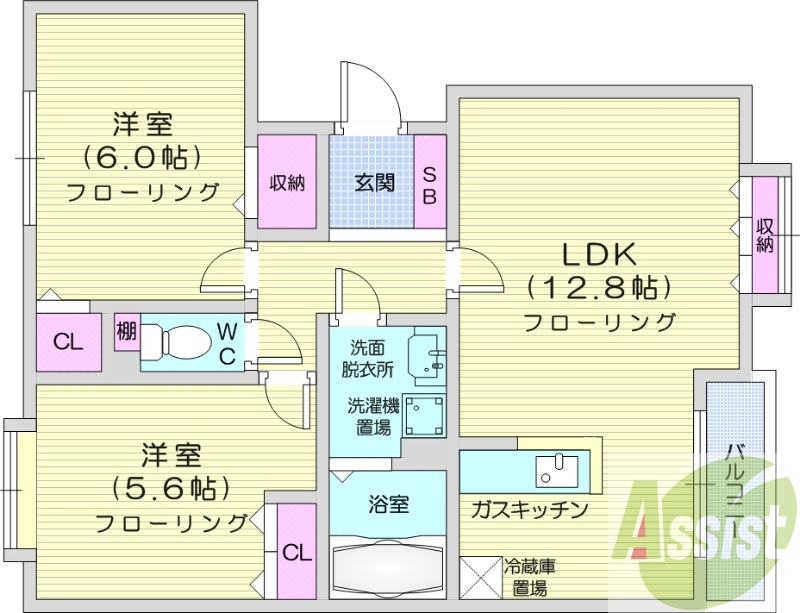 2LDK、シャンプードレッサー、シャワートイレ
