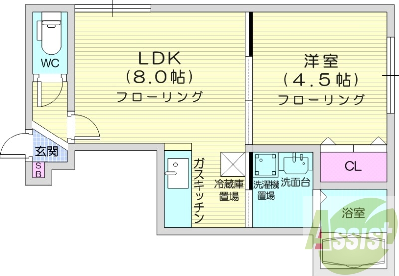 1LDK、温水洗浄便座、灯油暖房、独立洗面台、電子錠