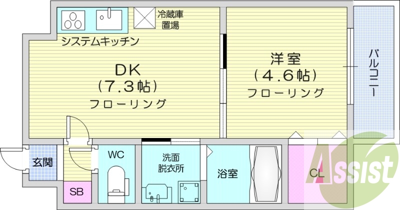 1DK、都市ガス、エアコン、システムキッチン、独立洗面台
