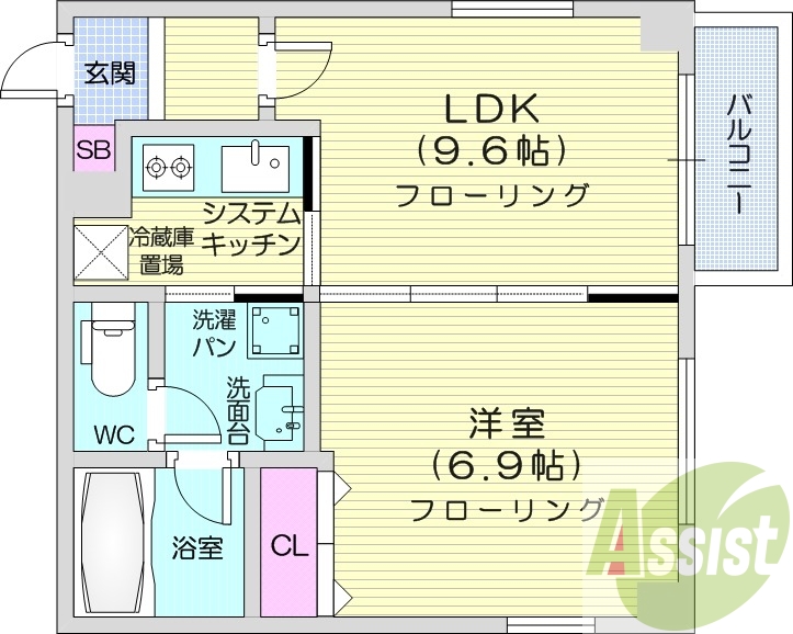 1LDK、エアコン、ネット無料、システムキッチン