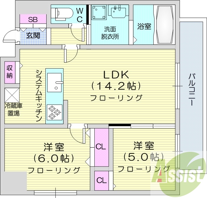 2LDK、収納、洗濯機置場、暖房設備、都市ガス