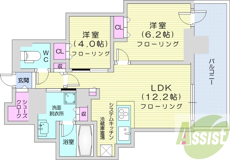 2LDK、都市ガス、追い焚き、浴室乾燥、システムキッチン