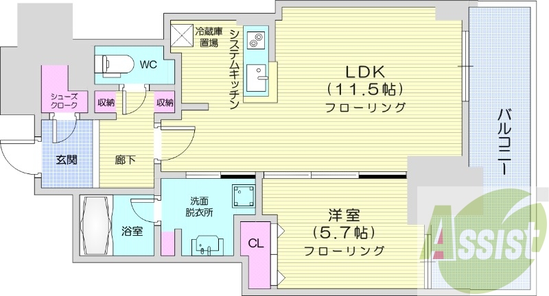 1LDK、都市ガス、追い焚き、浴室乾燥、システムキッチン